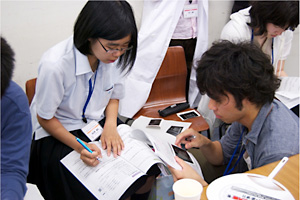実験結果を大学生と真剣に話し合う