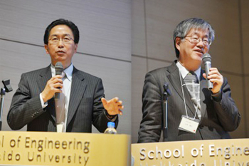 (左)網塚共用機器管理センター長 (右)招待講演を行う広島大学 山本技術センター長