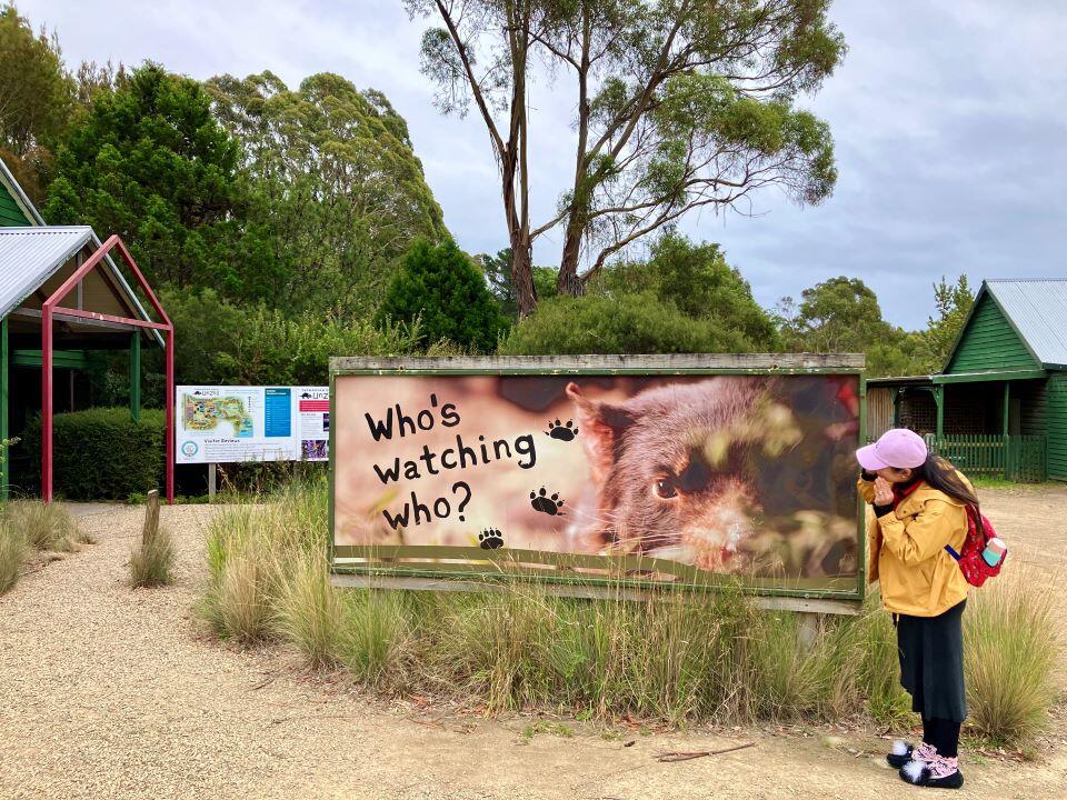オーストラリアの野生動物園「タスマニアン・デビル・アンズー」の外にある「誰が誰を見ている？」と書かれた看板。動物関連の施設に入るとき、誰もが時々感じる示唆に富む質問を投げかけている（2024年2月、撮影：ヨハン・エデルヘイム教授)
 