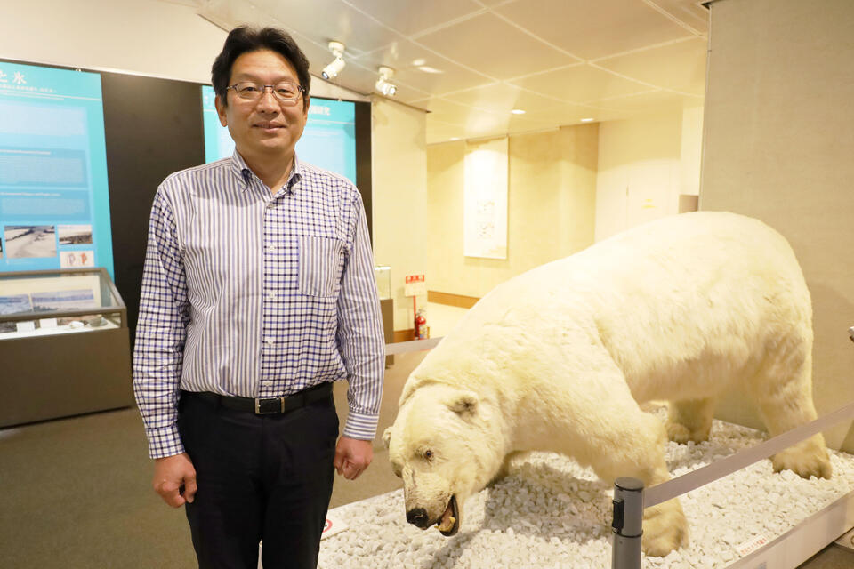 総合博物館の館長も務める坪田教授。博物館に展示されたホッキョクグマのはく製と(撮影:広報・コミュニケーション部門 川本真奈美)