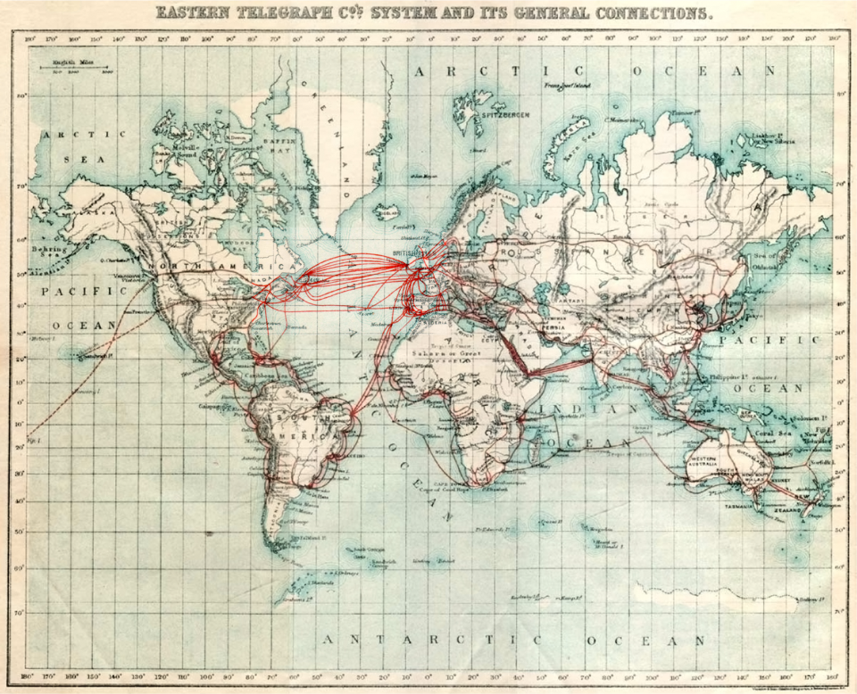 1901年のイースタン・テレグラフ・カンパニーのネットワーク。太平洋を横切る点線は、1902年から1903年に敷設が計画されたケーブルを示す。（A.B.C. Telegraphic Code 5th Edition, via Atlantic-cable, Public Domain, [出典元](https://commons.wikimedia.org/w/index.php?curid=5916525)）