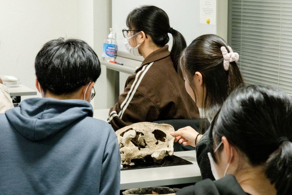 加藤教授の解説を受けながら実際に資料を手にする生徒たち