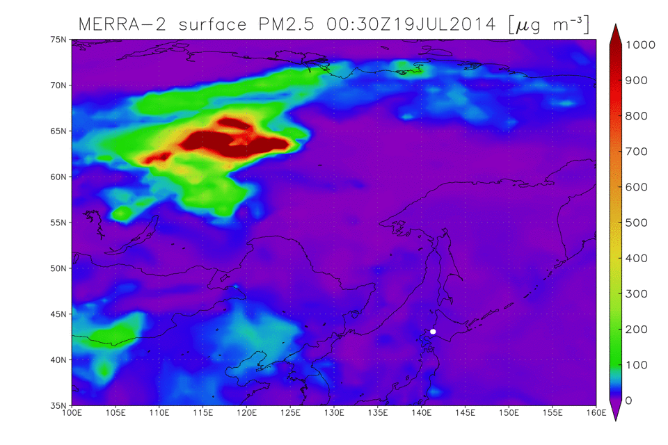 シベリア域の大規模森林火災から発生したPM2.5(NASAのMERRA-2データを元にした算出値)が北海道まで輸送される様子のアニメーション(※1の2014年7月の事例について)(作成と提供:安成哲平)