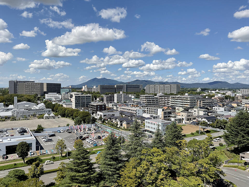 NIMSの居室棟から臨む筑波山の景色。NIMSのロゴはこの2つの山頂からイメージされている