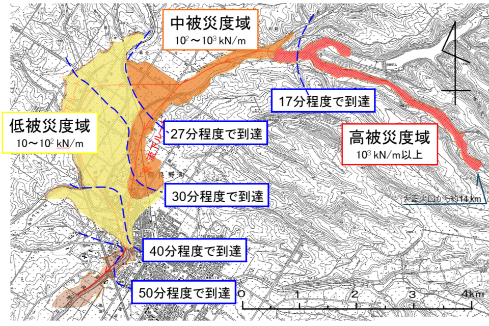 氾濫範囲、到達時間、被災度の情報を示した災害実績図（国土地理院発行の2万5千分の1地形図（上富良野）に加筆、南里智之教授提供）