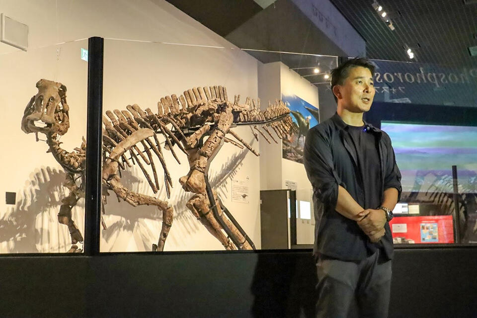 カムイサウルスの全身骨格標本の前で語る小林教授