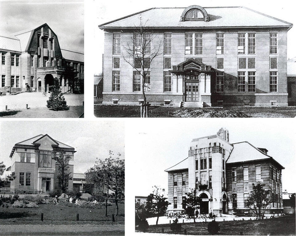 1920年代の医学部の建物。様々なかたちの屋根をもった洋風木造建築群があった(写真提供：北海道大学 大学文書館)