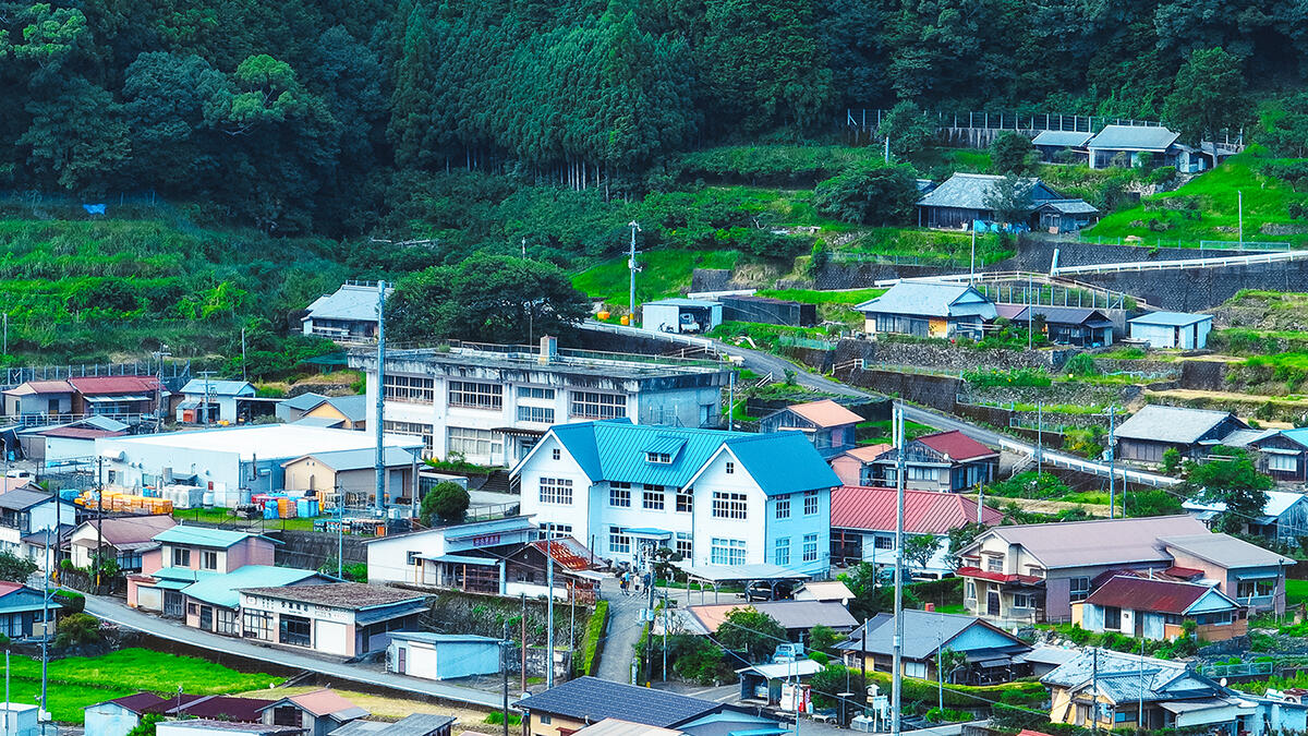 古座川町平井地区に佇む研究林庁舎（中央の白い洋館）（ドローン撮影：GEOGRAMS 伊藤広大）