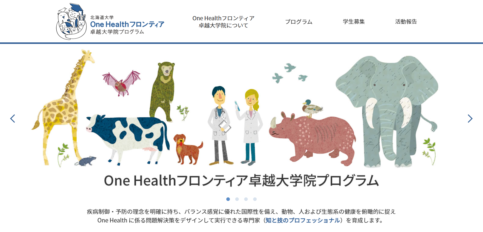 北海道大学卓越大学院プログラムOne Healthフロンティアでは、医学、獣医学、環境科学、医療、研究開発、教育に関わる機関が協働で感染症・化学物質・動物科学に関する先端的な研究を推進している
  
