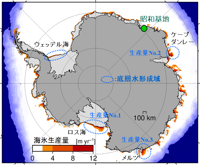 衛星観測によって明らかになった南極沿岸の海氷形成域。大島教授のチームは昭和基地東方のケープダンレー沖に大きな海氷生成域があることを見出し、現場観測からそこが未知に南極底層水生成域であることを発見した。