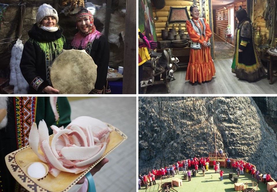 （左上）冬のイベントで先住民族の伝統的な衣装を着た若者（ロシア、ノリリスクにて）。手に持っているのは太鼓。（右上）シャーマンの女性（サハ共和国、ヤクーツクにて）。（左下）伝統的なヤクート料理ストロガニーナは冷凍した淡水魚の身（ロシア、サレハルドにて）（提供：北極域研究センター 大塚夏彦 教授）（右下）フランツヨシフ諸島の岩肌に止まる海鳥の群を観察するクルーズ船の観光客。（提供：北極観測支援機構 内海啓司 氏）