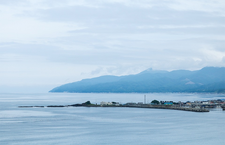 小さな岬の先端に位置し、文字通り海に囲まれた臼尻水産実験所（中央の白い建物。函館市街から車で約30分）（撮影：Aprilia Agatha Gunawan）