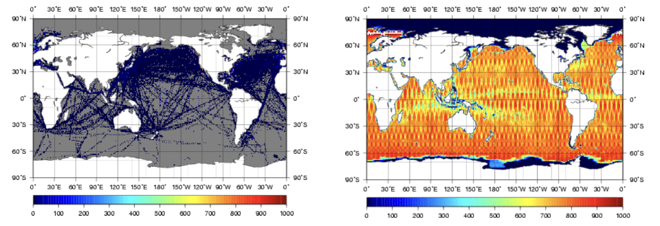 船舶と人工衛星による海面フラックスの観測。船舶（左）では観測数が少なく隙間があるが、衛星（右）では観測数が格段に多く、隙間なく広い範囲で観測できることがわかる（富田准教授、2005年）