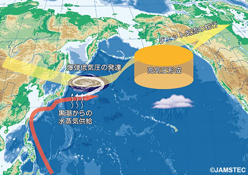 黒潮が爆弾低気圧と北太平洋の大気循環に及ぼす影響の概念図（提供: JAMSTEC）
