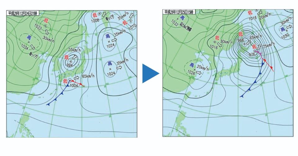 2017年12月24日と翌25日の天気図。日本海と太平洋にあった二つ玉低気圧が発達しながら接近し、北海道付近で「二重爆弾低気圧」となった（気象庁ホームページ「過去の天気図」）