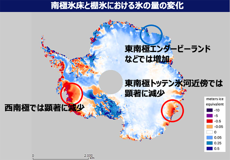 2003年から2019年までの表面標高の変化
    南極における氷床と氷棚の増減の変化を示しており、赤や紫色で示されている部分が氷の喪失を表している（提供：青木准教授）
    