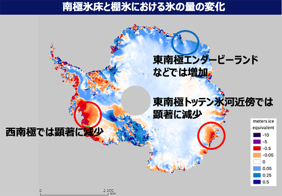 2003年から2019年までの表面標高の変化
南極における氷床と氷棚の増減の変化を示しており、赤や紫色で示されている部分が氷の喪失を表している(提供:青木准教授)