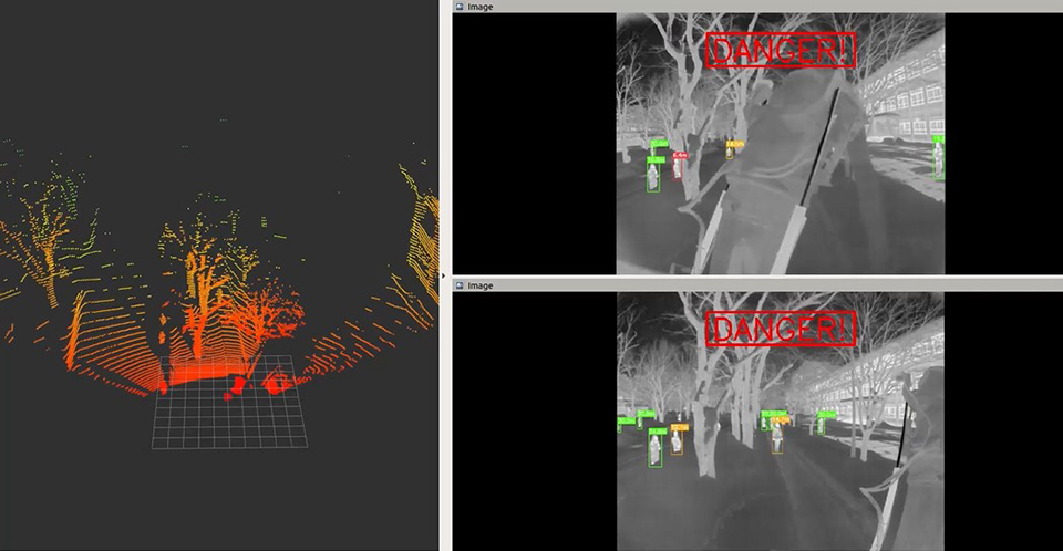 ノートパソコンの画面に映し出された、LiDAR-サーモカメラ投影の様子。LiDARによる除雪機周辺の3Dマップ(左)とセンサーの人体検知画面(右)。上の画面は除雪機の右側に設置したLiDAR-サーモカメラで、下の画面は反対側に設置したLiDAR-サーモカメラで撮影している。(提供:江丸准教授)